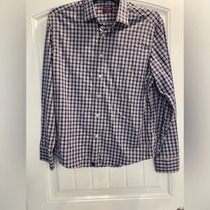 UNTUCKit Shirt Egrivin Large Blue Tan Plaid Regular Fit Performance Stretch Mens